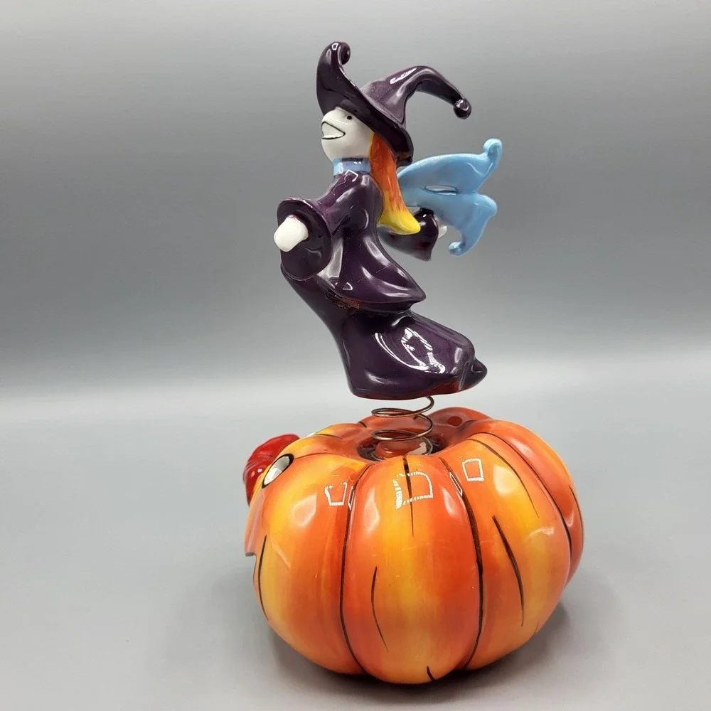 Apple's Halloween Witch on Pumpkin Bobble Figurine Decor 7.5in Purple Orange